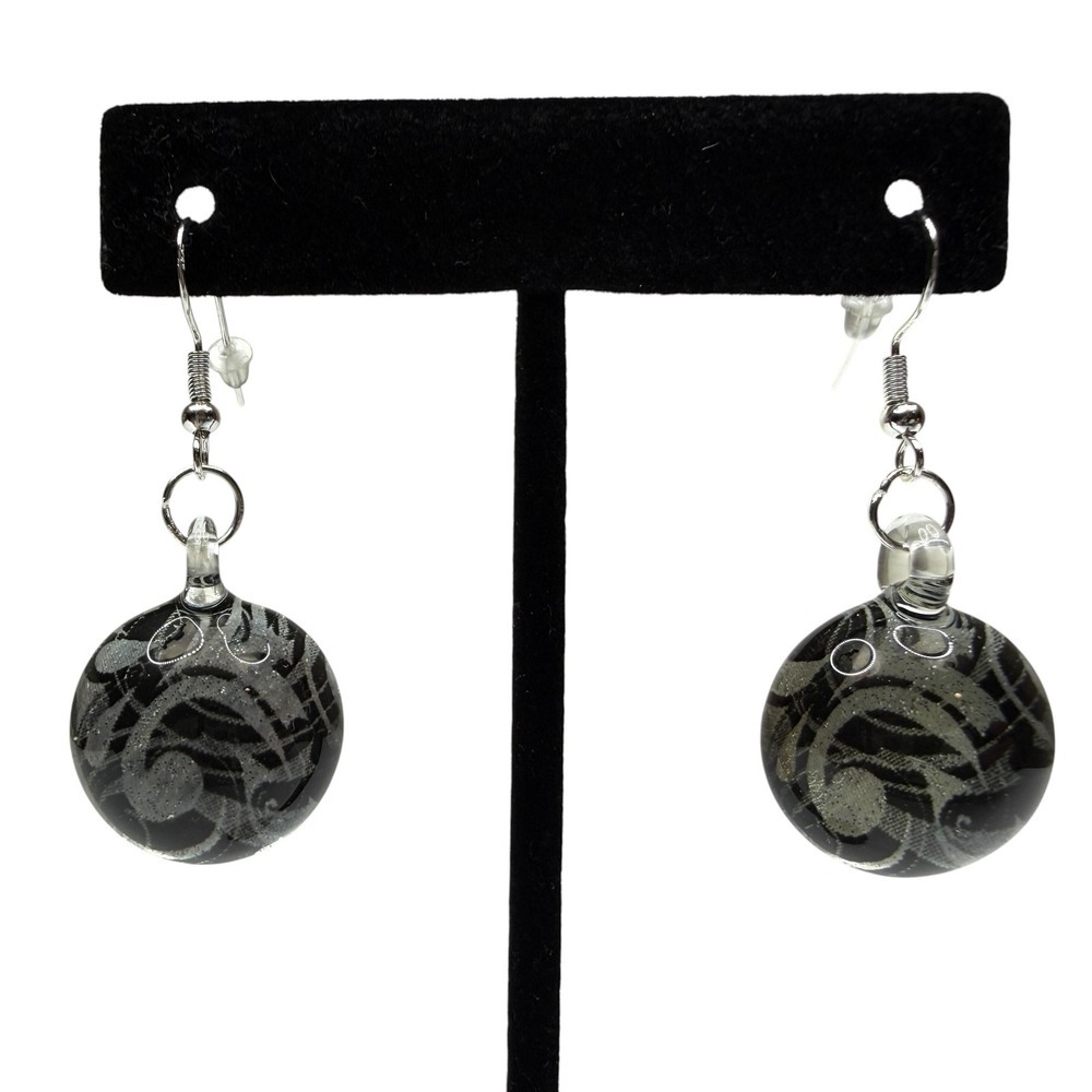 Sterling Silver S925 Glass Black & Grey Swirl Art Dangle Drop Earrings Handmade - Picture 2 of 7